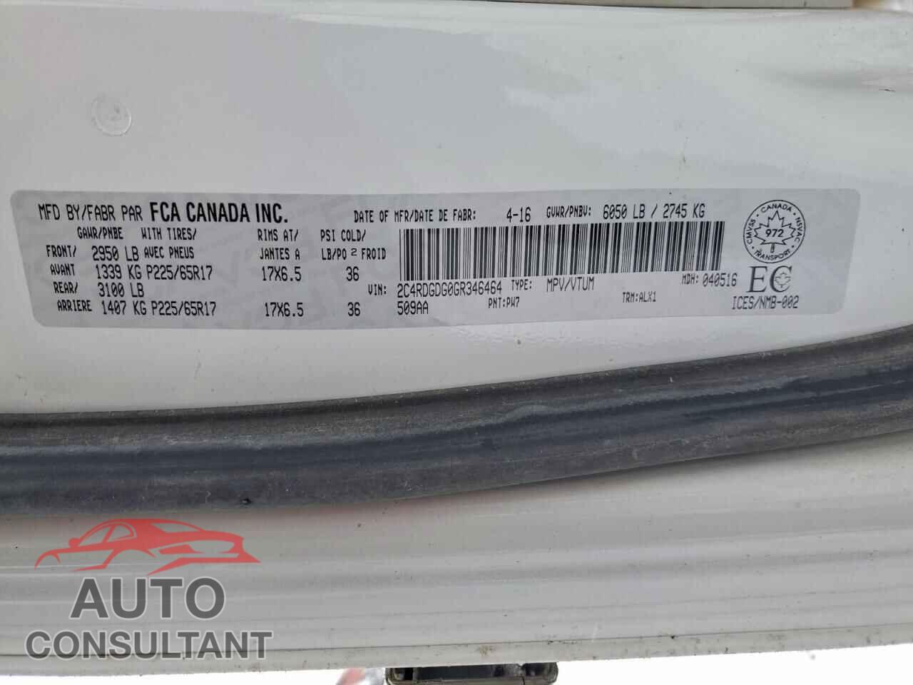 DODGE CARAVAN 2016 - 2C4RDGDG0GR346464