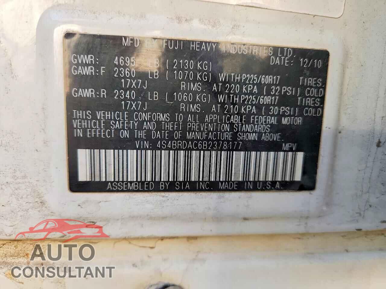 SUBARU OUTBACK 2011 - 4S4BRDAC6B2378177