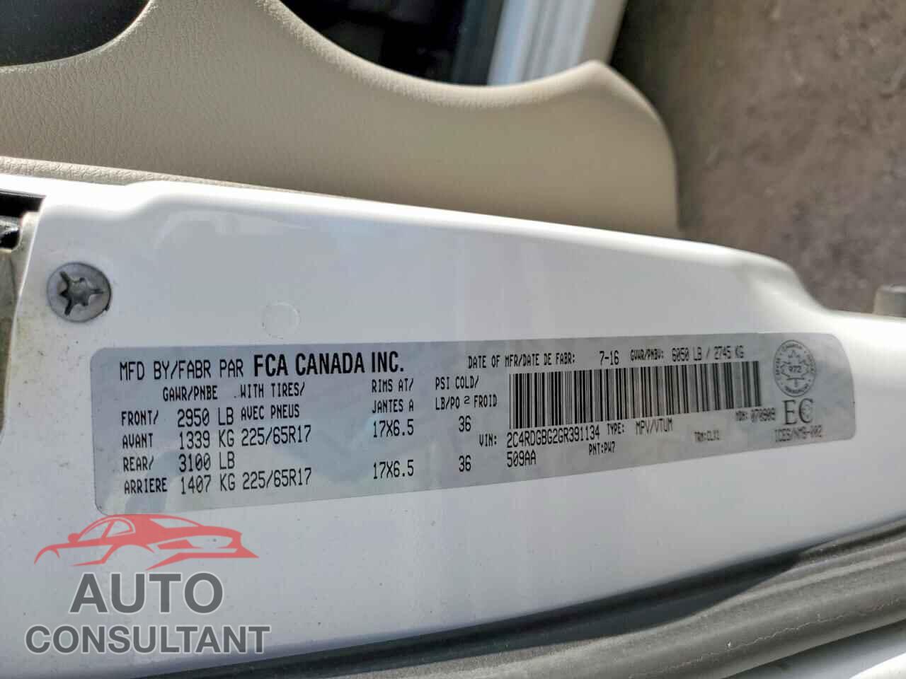 DODGE CARAVAN 2016 - 2C4RDGBG2GR391134