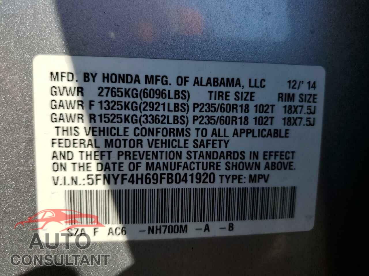 HONDA PILOT 2015 - 5FNYF4H69FB041920