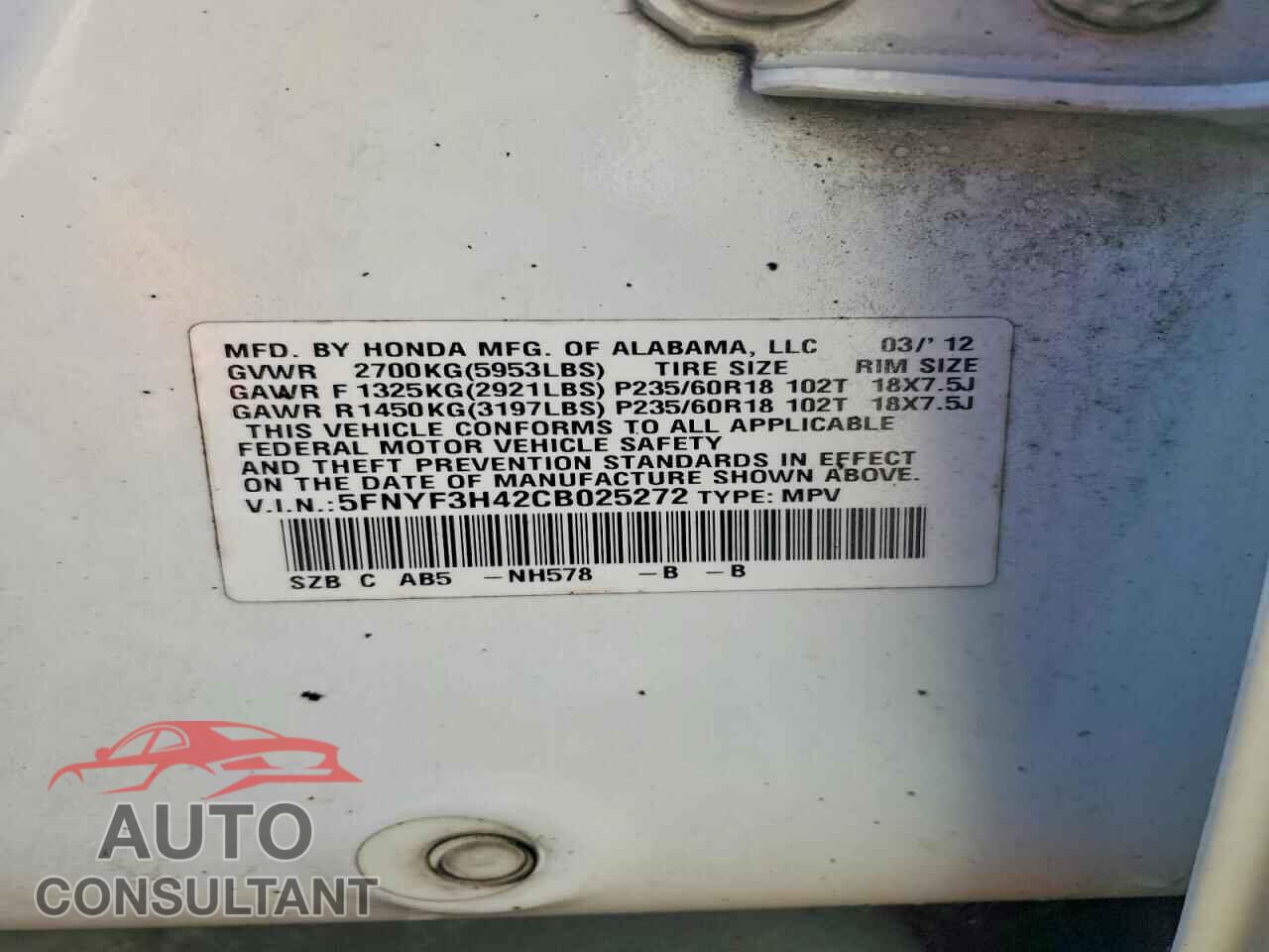 HONDA PILOT 2012 - 5FNYF3H42CB025272
