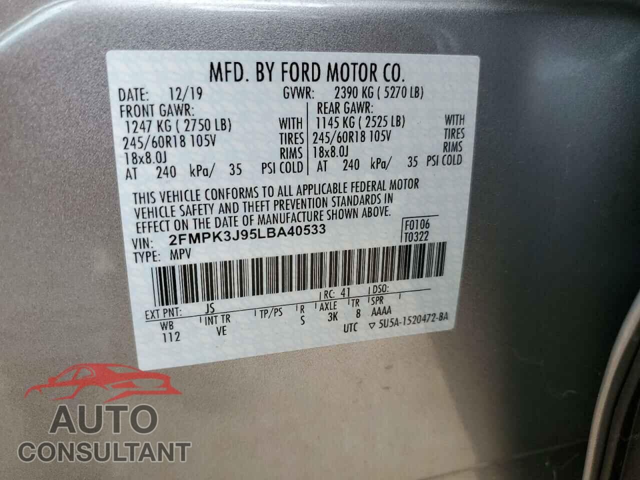 FORD EDGE 2020 - 2FMPK3J95LBA40533