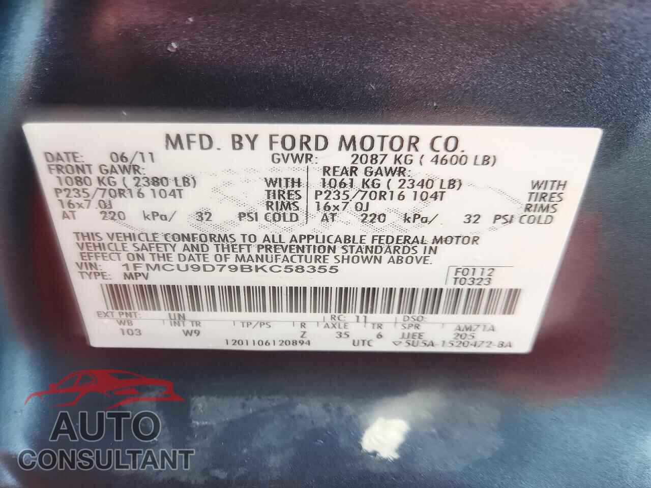 FORD ESCAPE 2011 - 1FMCU9D79BKC58355