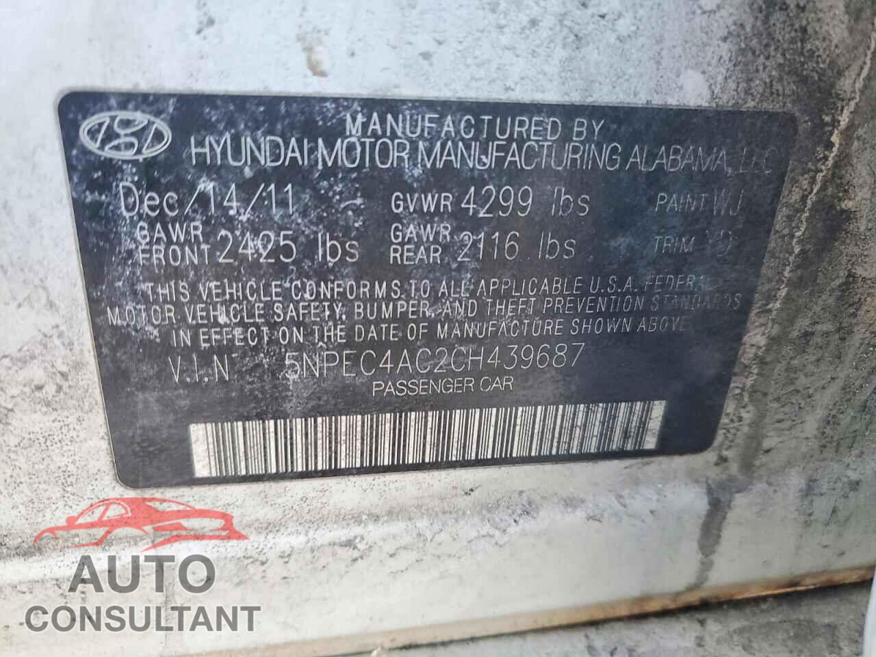 HYUNDAI SONATA 2012 - 5NPEC4AC2CH439687