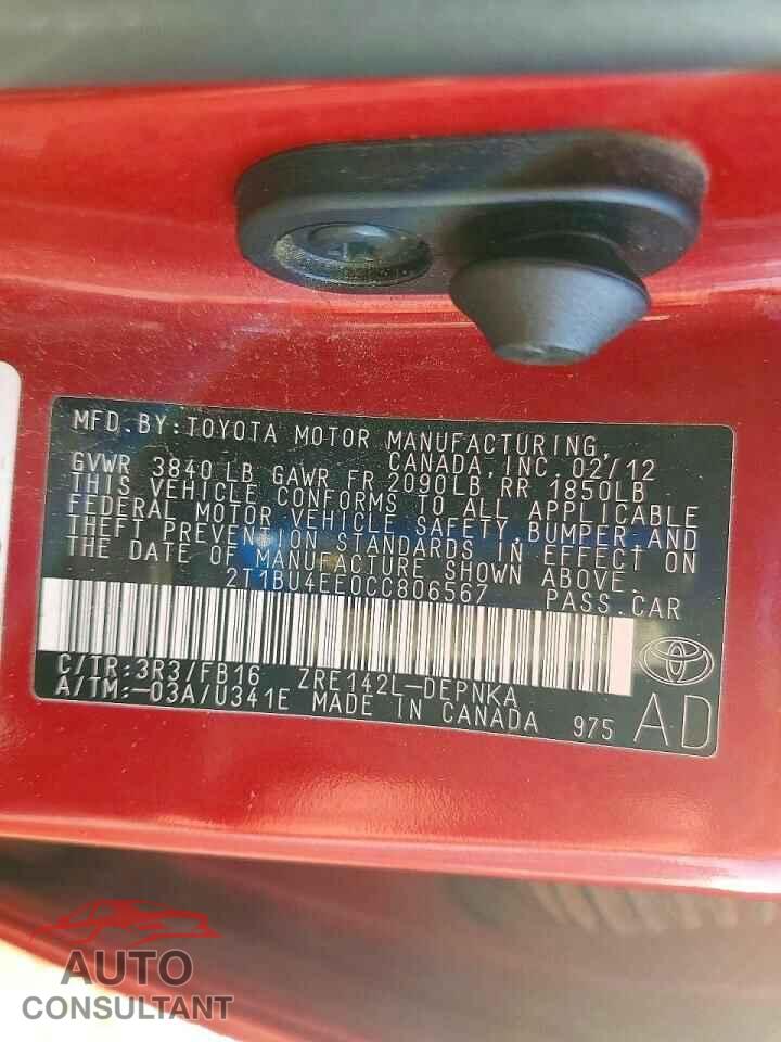 TOYOTA COROLLA 2012 - 2T1BU4EE0CC806567