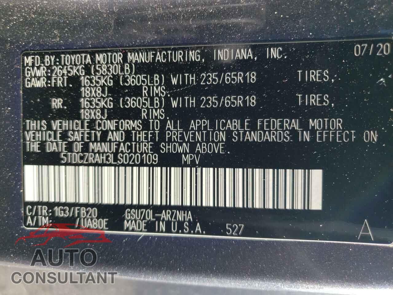 TOYOTA HIGHLANDER 2020 - 5TDCZRAH3LS020109