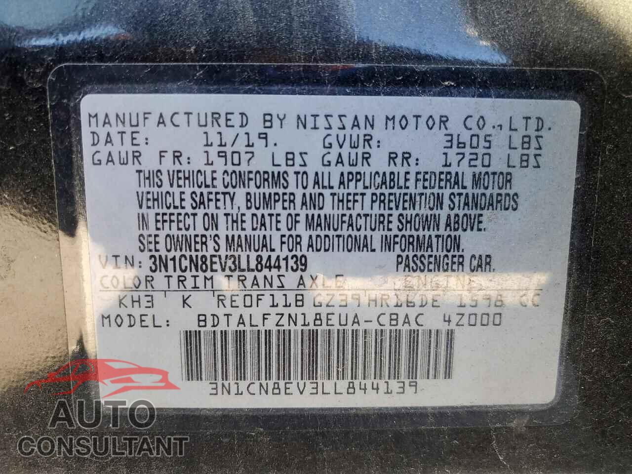 NISSAN VERSA 2020 - 3N1CN8EV3LL844139