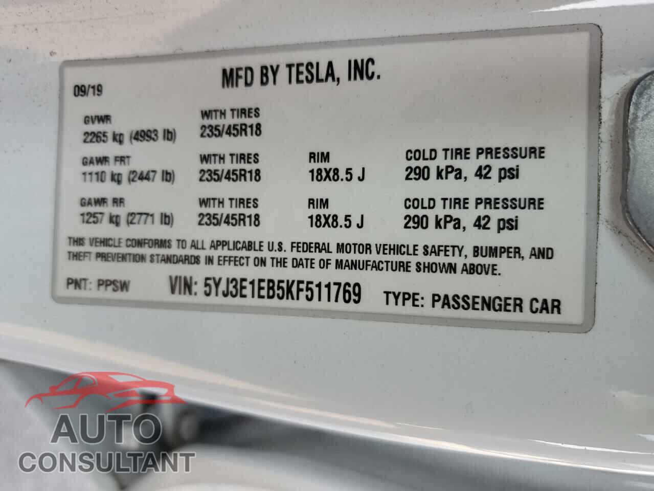 TESLA MODEL 3 2019 - 5YJ3E1EB5KF511769