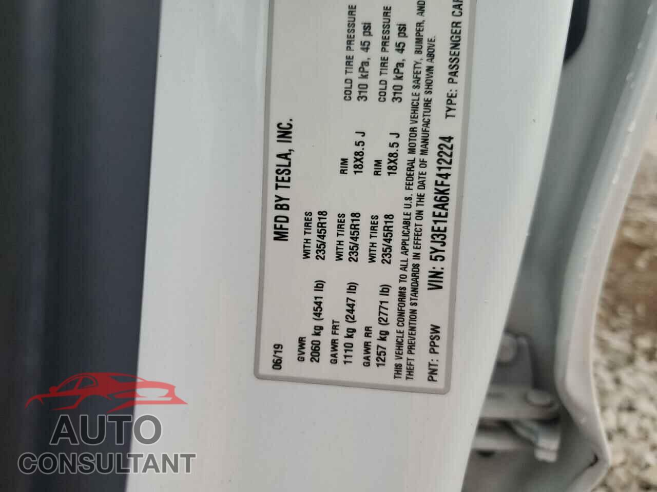 TESLA MODEL 3 2019 - 5YJ3E1EA6KF412224