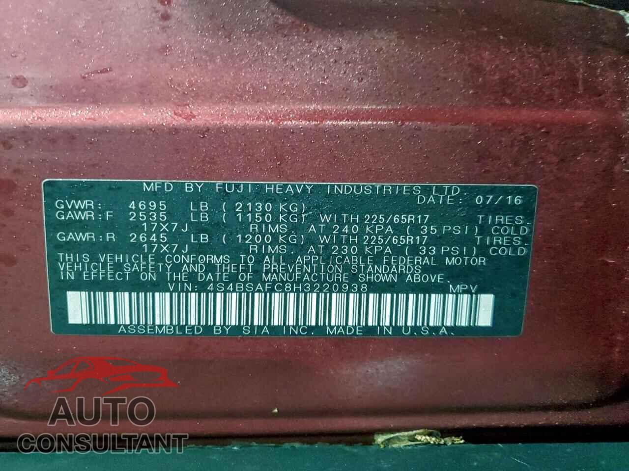 SUBARU OUTBACK 2017 - 4S4BSAFC8H3220938