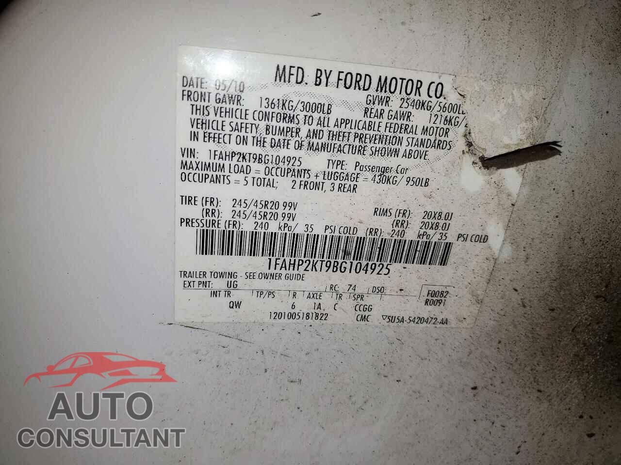 FORD TAURUS 2011 - 1FAHP2KT9BG104925