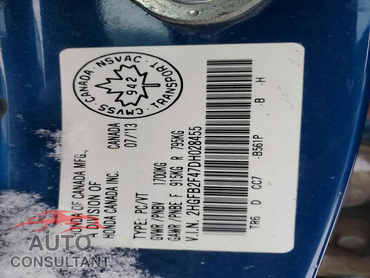 HONDA CIVIC 2013 - 2HGFB2F47DH028455
