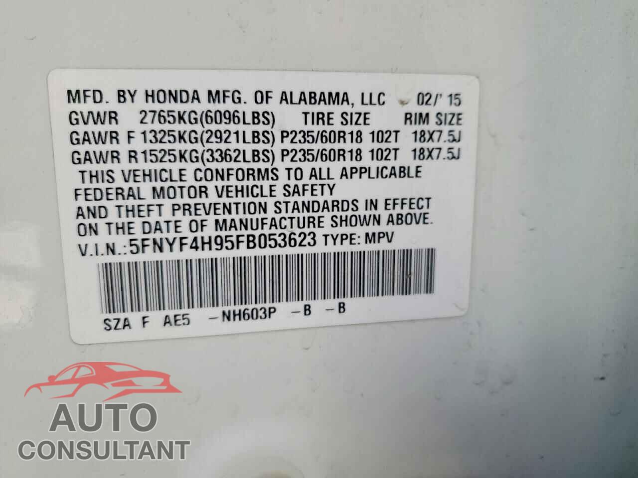 HONDA PILOT 2015 - 5FNYF4H95FB053623