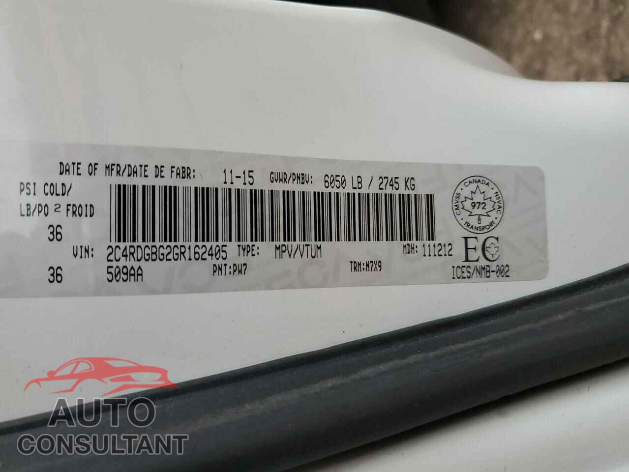DODGE CARAVAN 2016 - 2C4RDGBG2GR162405