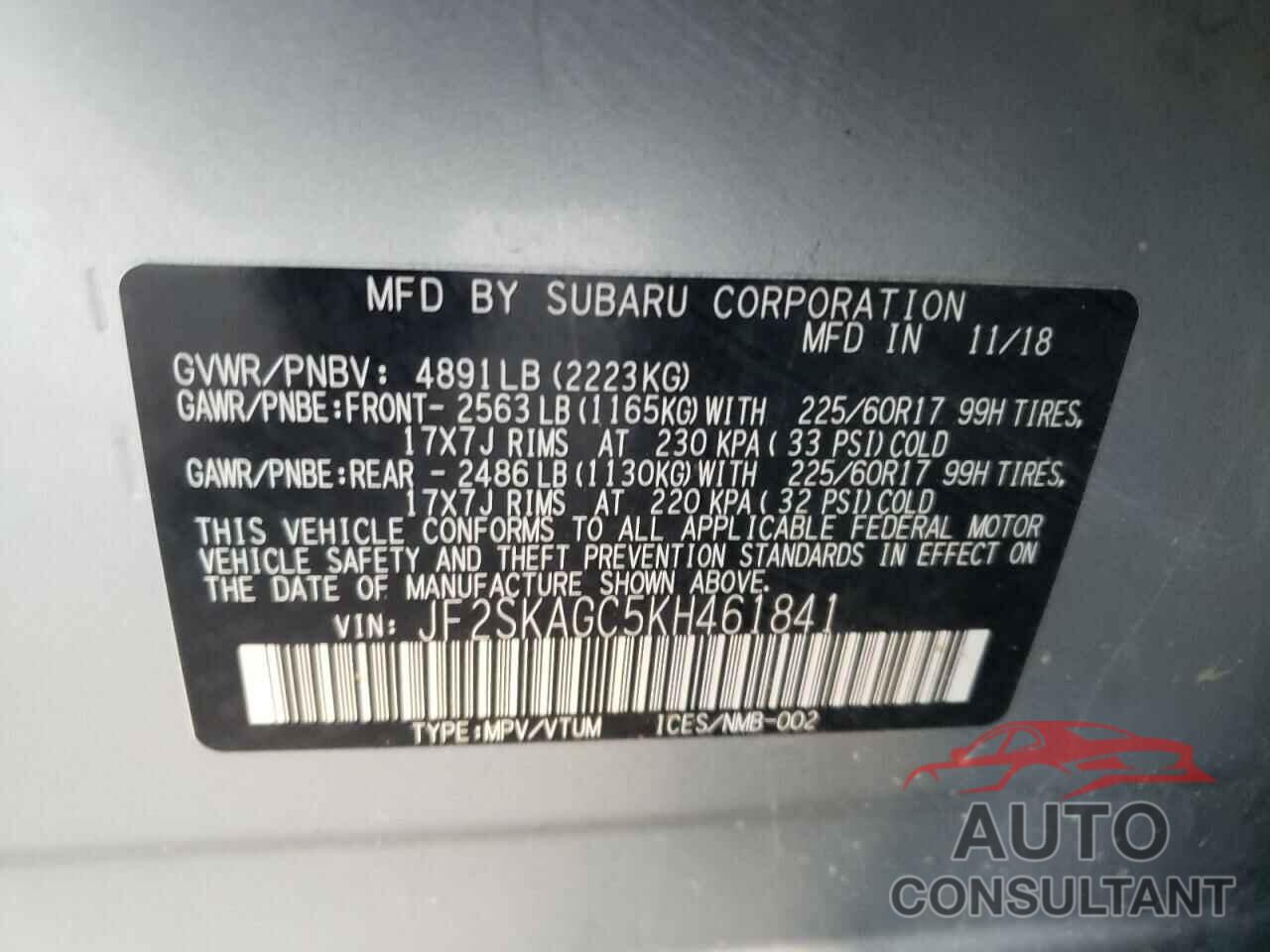 SUBARU FORESTER 2019 - JF2SKAGC5KH461841