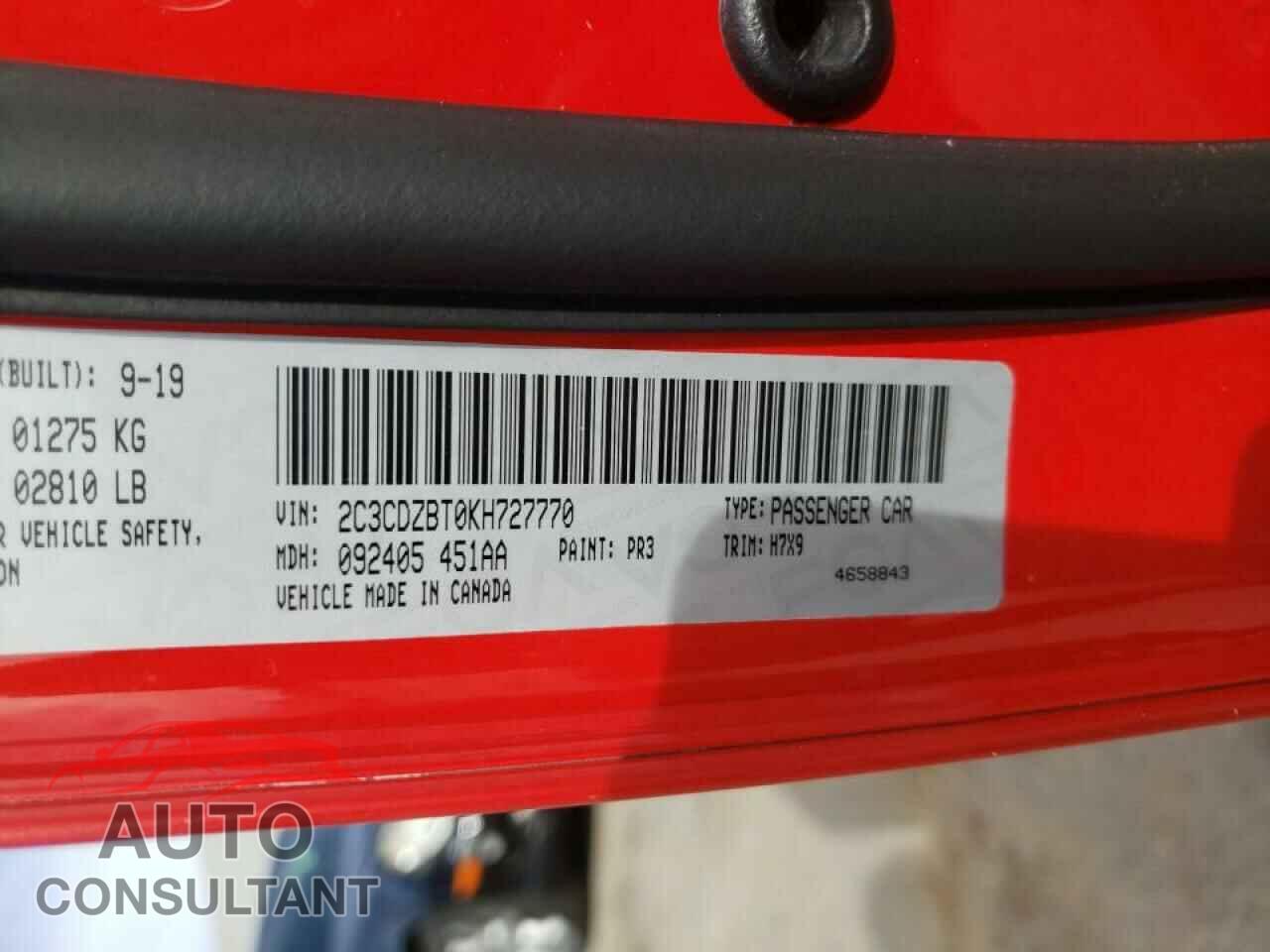 DODGE CHALLENGER 2019 - 2C3CDZBT0KH727770