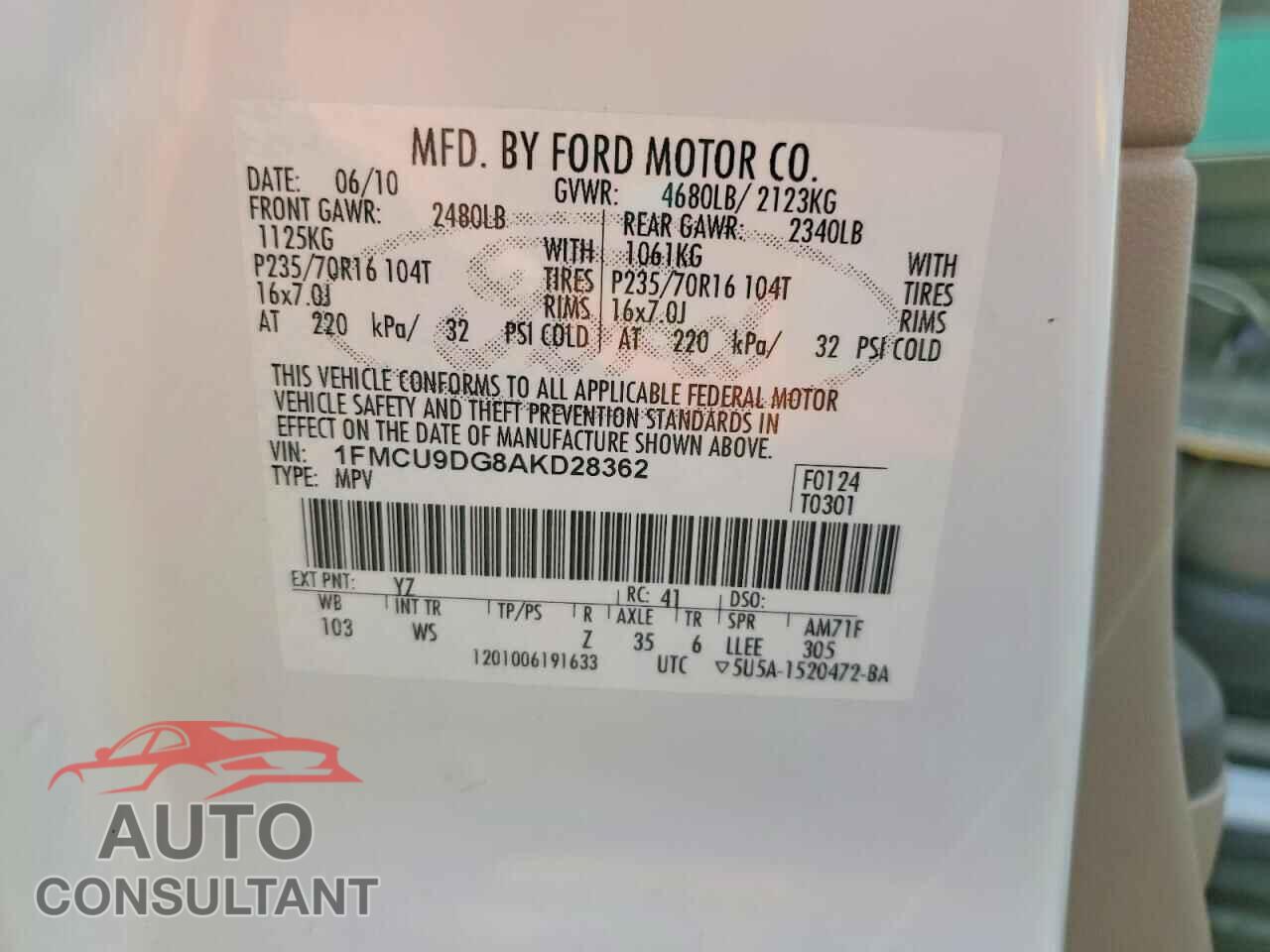 FORD ESCAPE 2010 - 1FMCU9DG8AKD28362