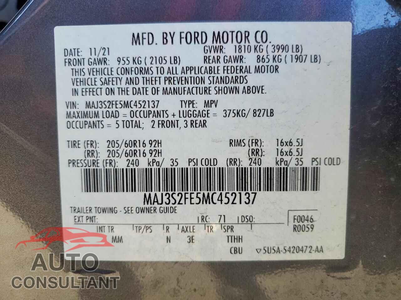 FORD ECOSPORT 2021 - MAJ3S2FE5MC452137