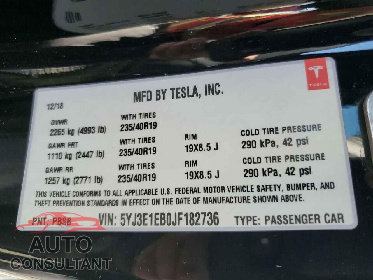 TESLA MODEL 3 2018 - 5YJ3E1EB0JF182736