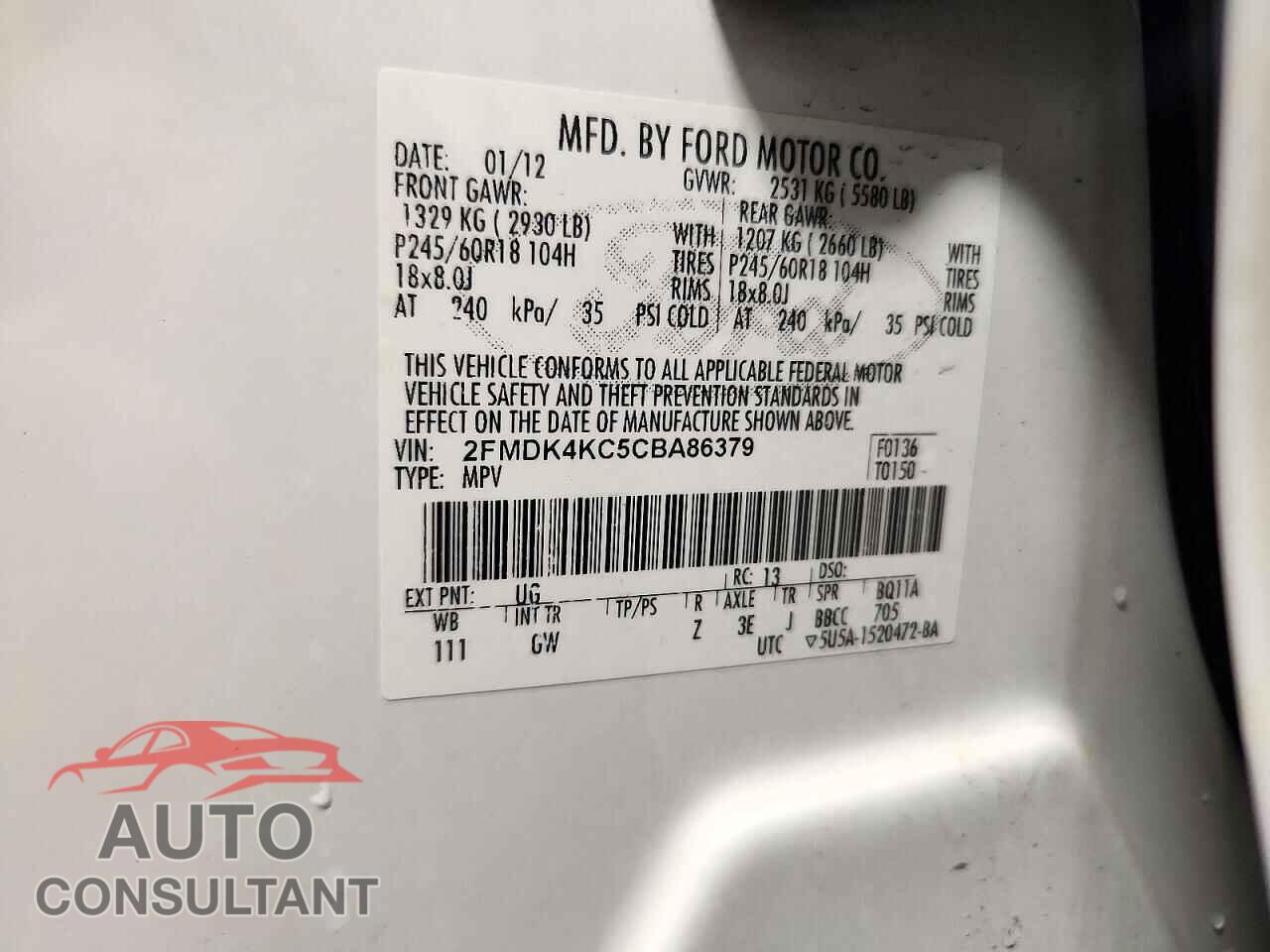 FORD EDGE 2012 - 2FMDK4KC5CBA86379
