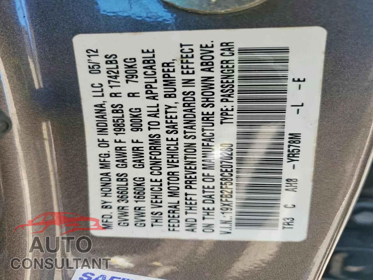 HONDA CIVIC 2012 - 19XFB2F58CE070280