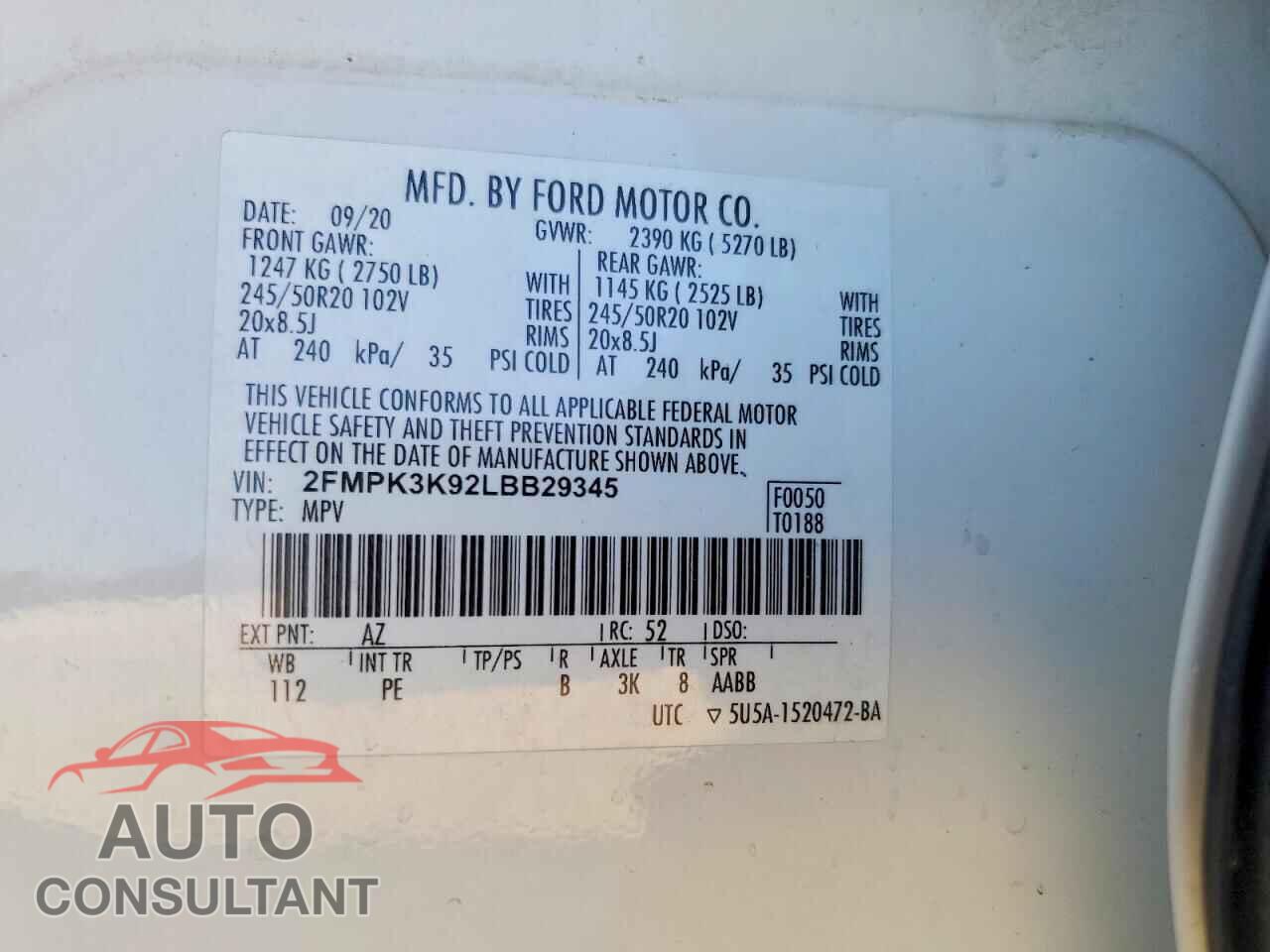 FORD EDGE 2020 - 2FMPK3K92LBB29345