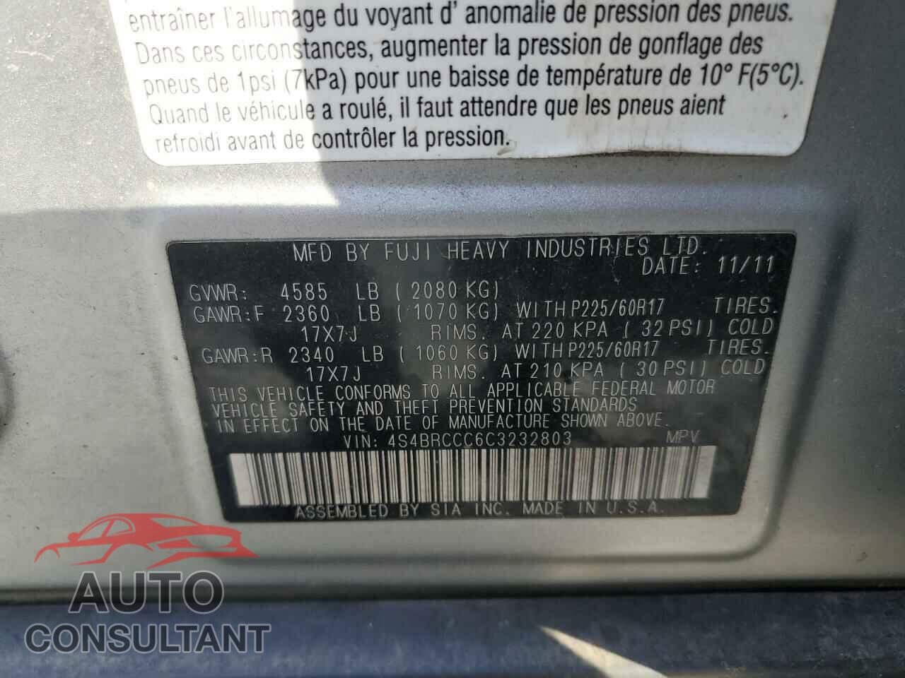 SUBARU OUTBACK 2012 - 4S4BRCCC6C3232803