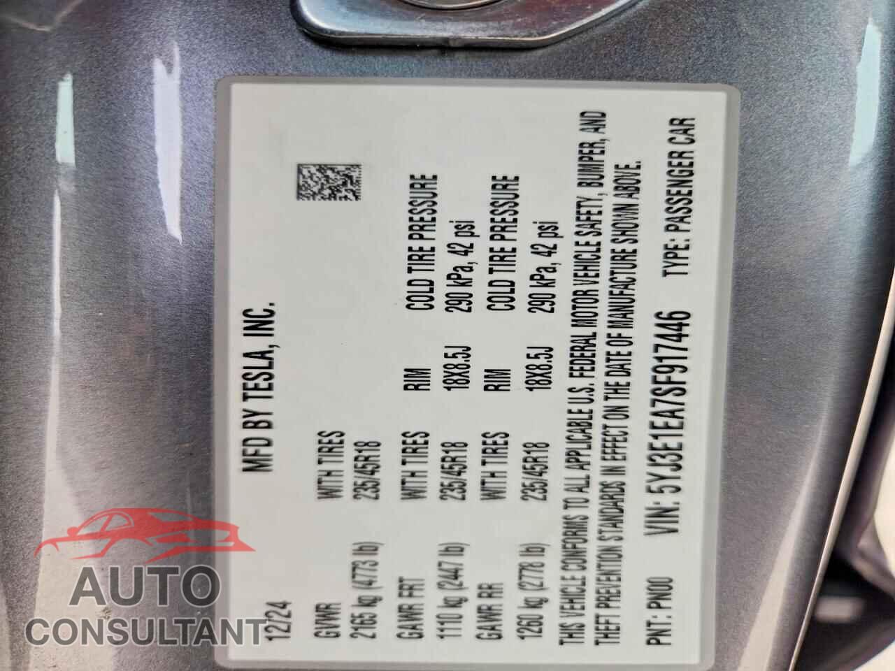 TESLA MODEL 3 2025 - 5YJ3E1EA7SF917446