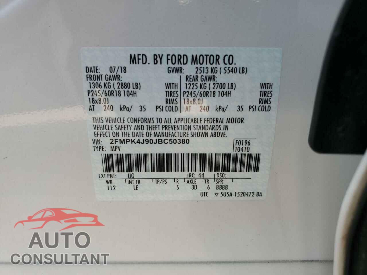 FORD EDGE 2018 - 2FMPK4J90JBC50380