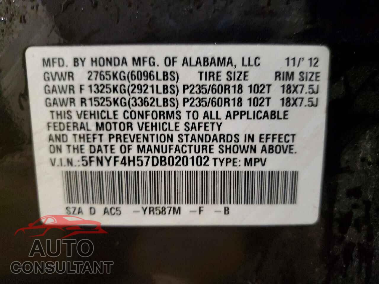 HONDA PILOT 2013 - 5FNYF4H57DB020102
