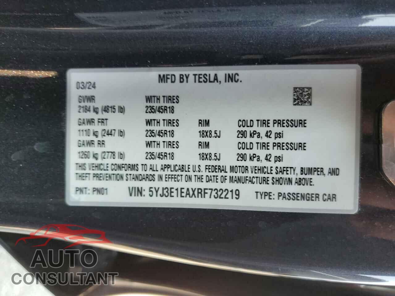 TESLA MODEL 3 2024 - 5YJ3E1EAXRF732219