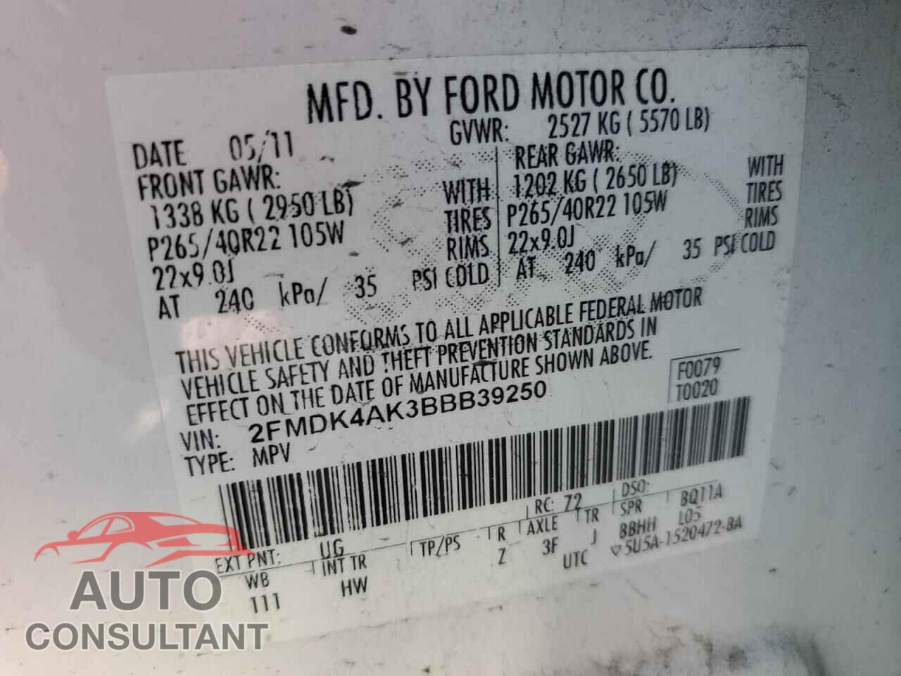 FORD EDGE 2011 - 2FMDK4AK3BBB39250