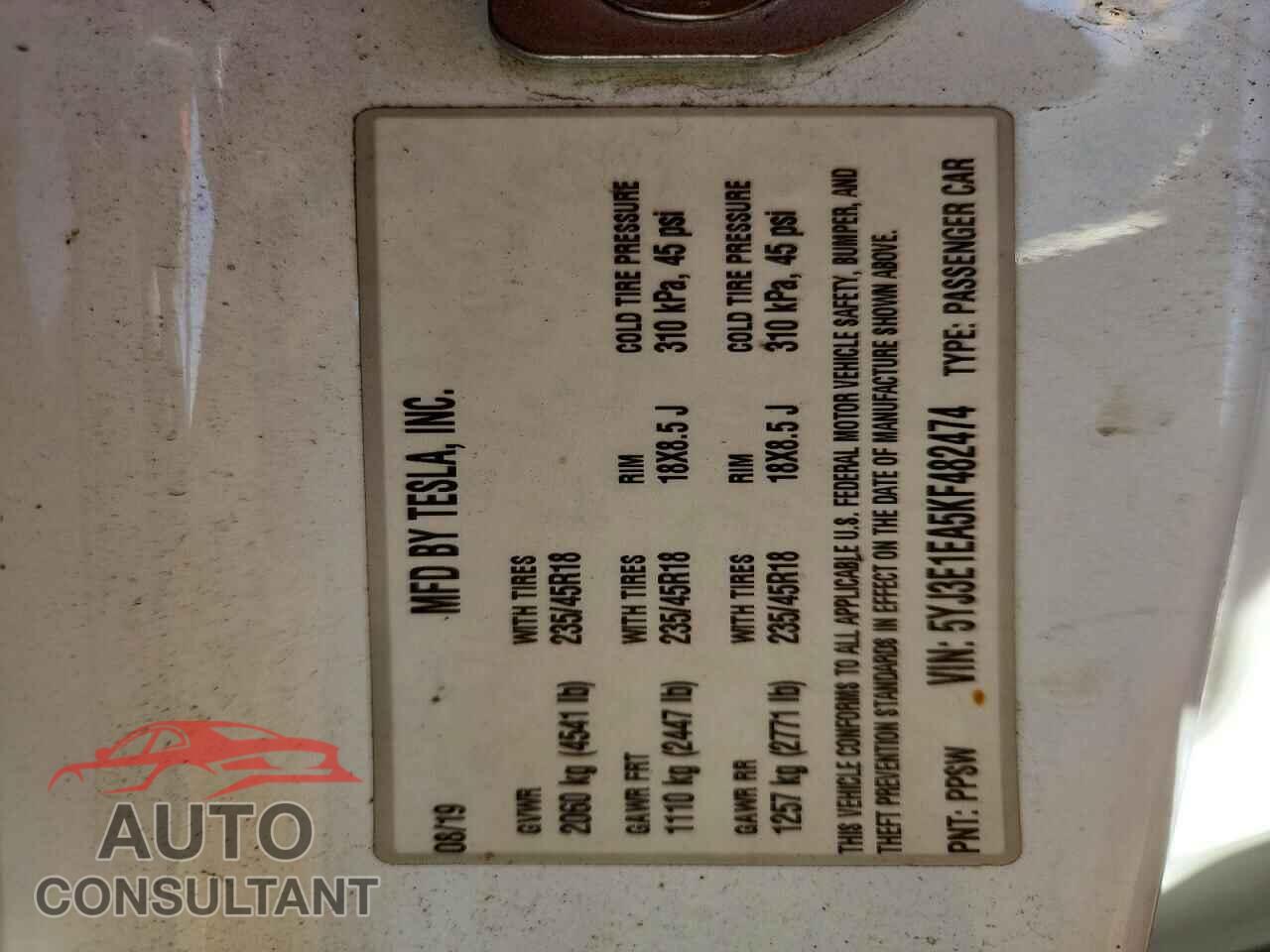 TESLA MODEL 3 2019 - 5YJ3E1EA5KF482474