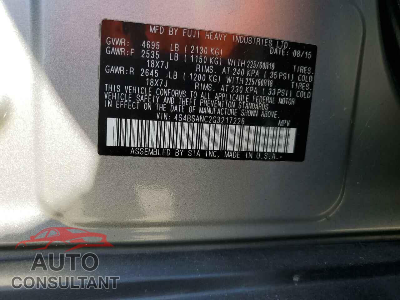 SUBARU OUTBACK 2016 - 4S4BSANC2G3217226