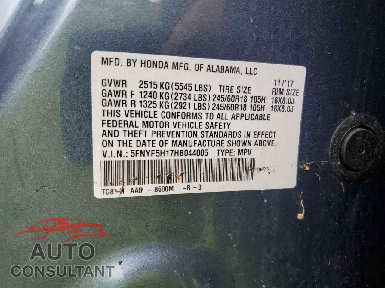 HONDA PILOT 2017 - 5FNYF5H17HB044005