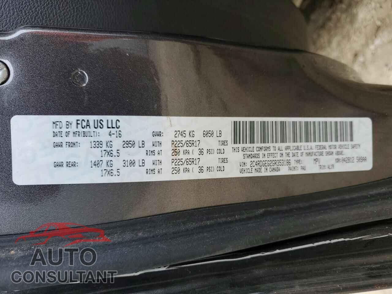 DODGE CARAVAN 2016 - 2C4RDGEG2GR353186
