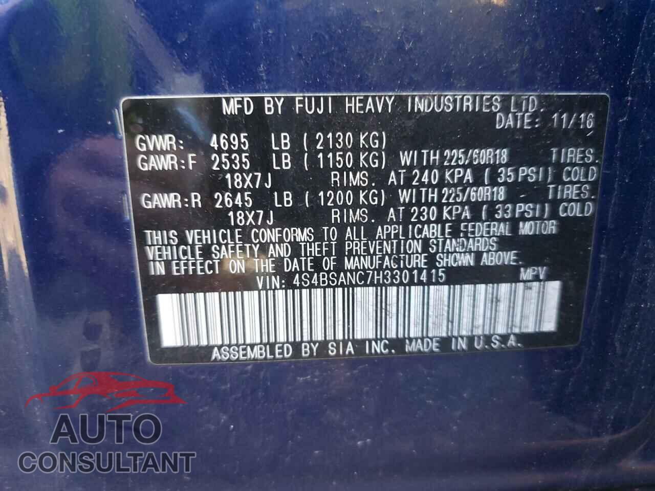 SUBARU OUTBACK 2017 - 4S4BSANC7H3301415