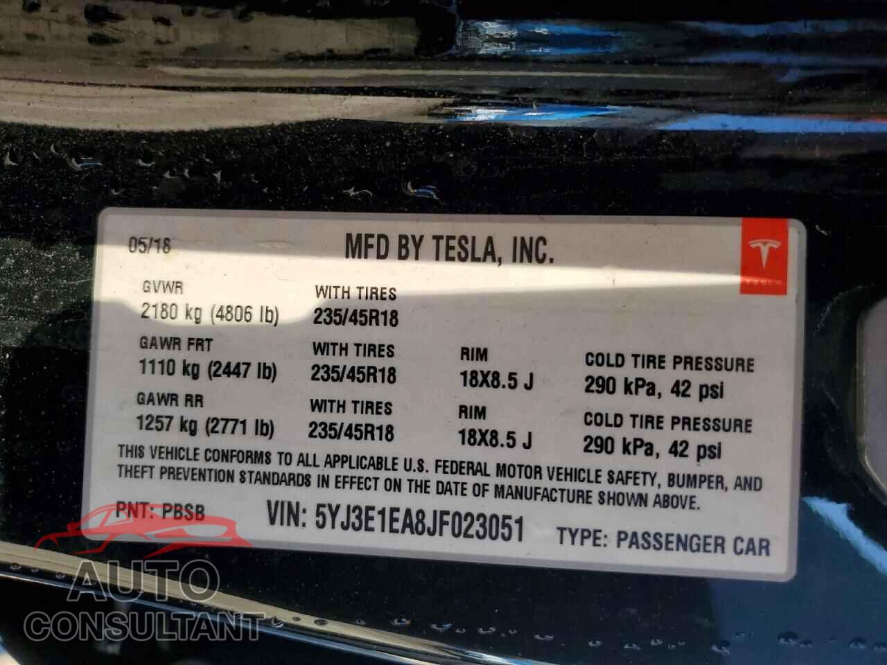 TESLA MODEL 3 2018 - 5YJ3E1EA8JF023051