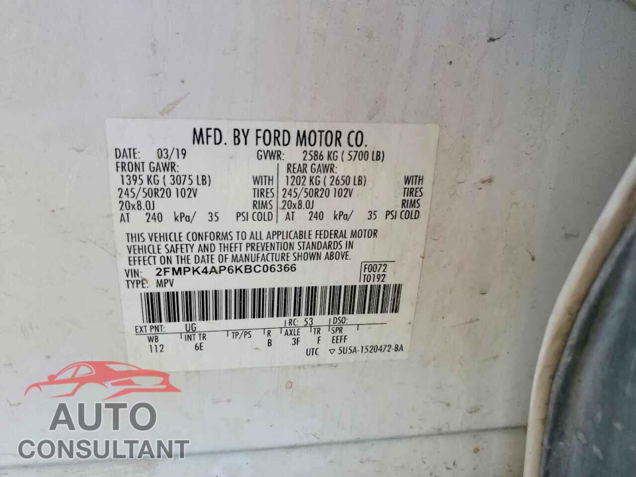 FORD EDGE 2019 - 2FMPK4AP6KBC06366