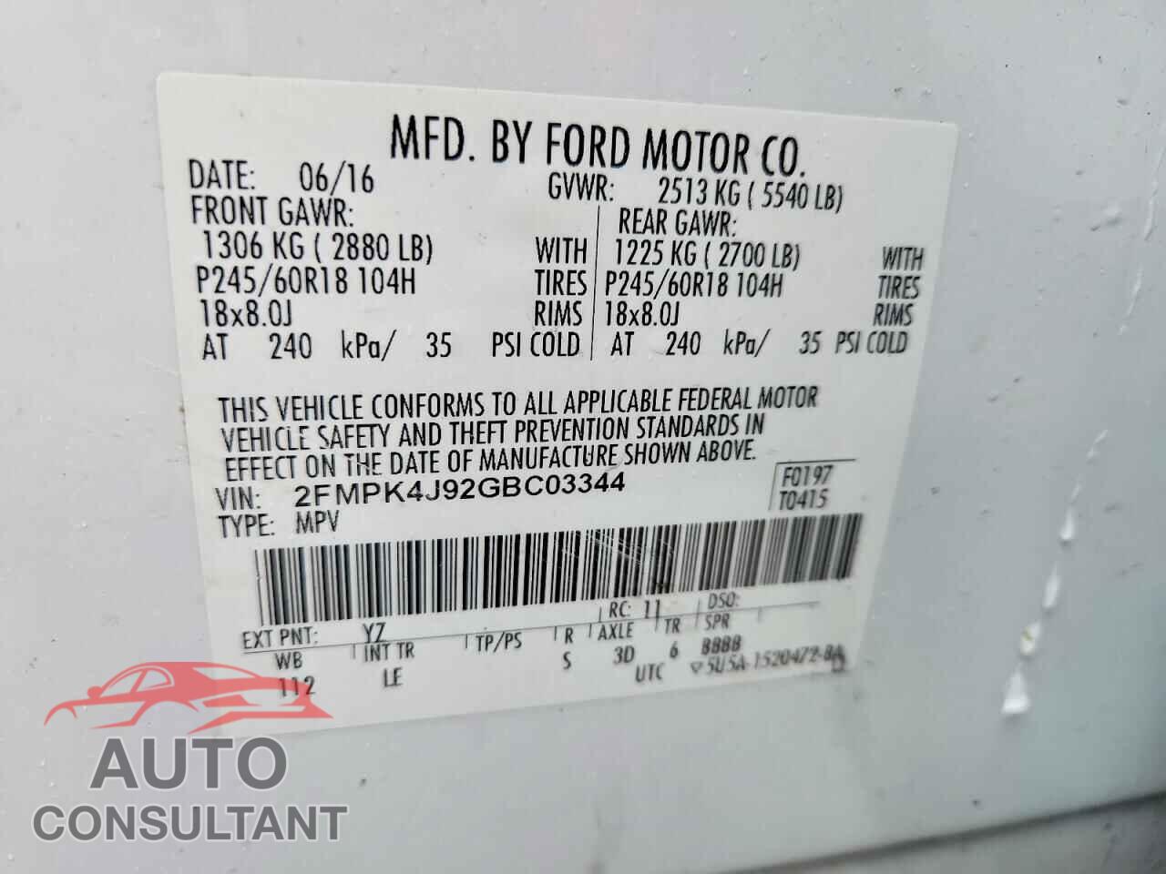 FORD EDGE 2016 - 2FMPK4J92GBC03344