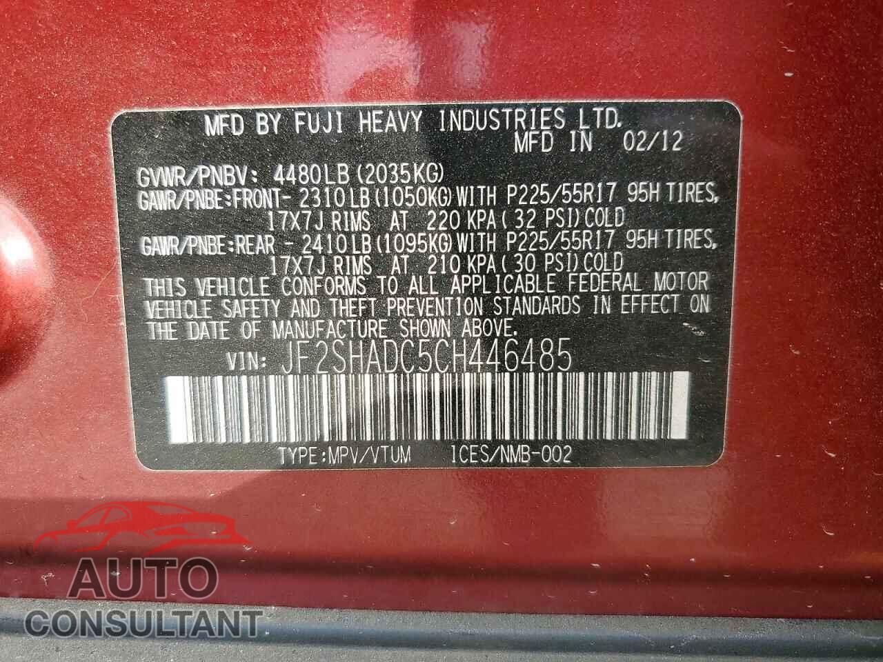 SUBARU FORESTER 2012 - JF2SHADC5CH446485