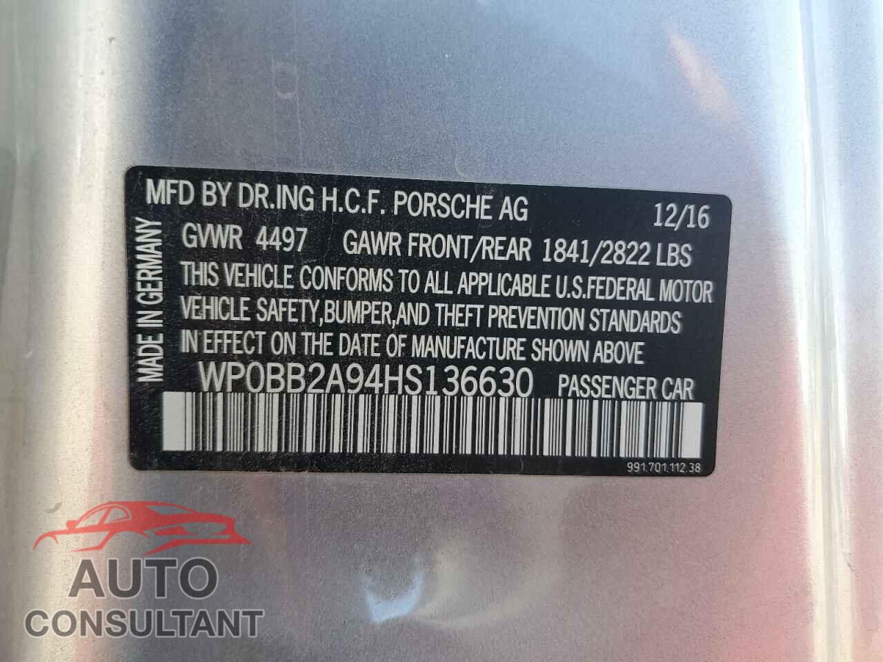 PORSCHE 911 2017 - WP0BB2A94HS136630