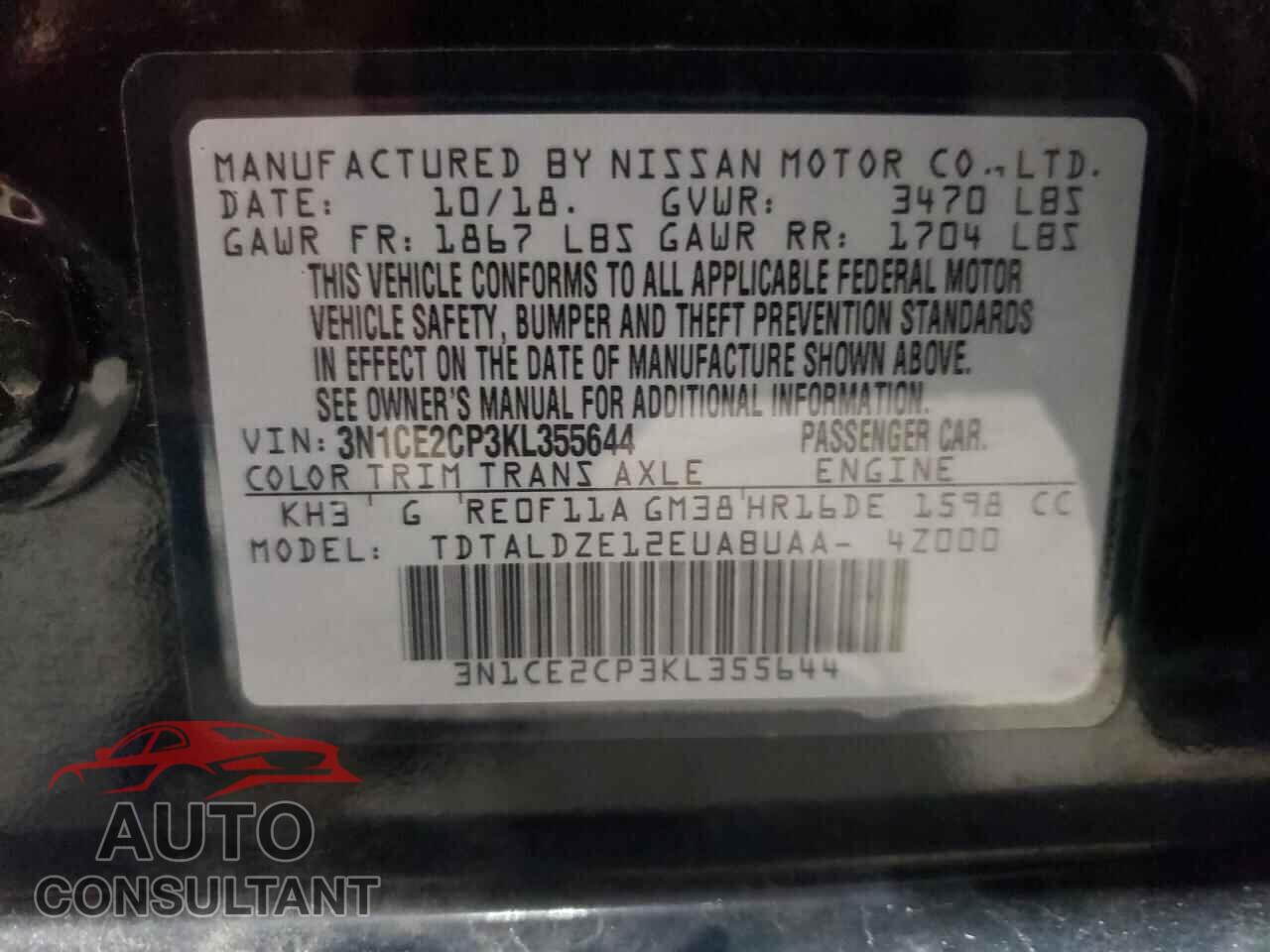 NISSAN VERSA 2019 - 3N1CE2CP3KL355644