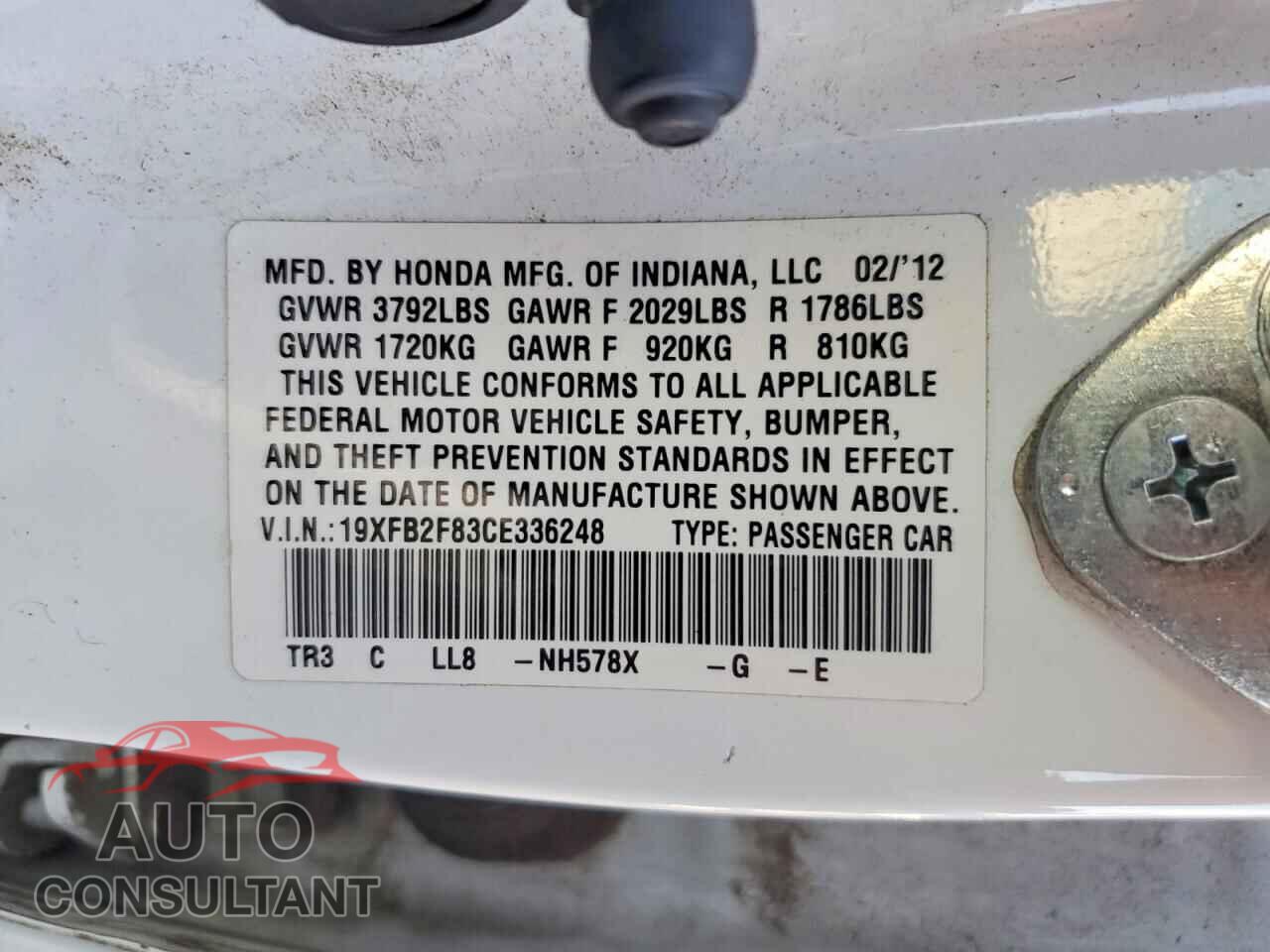 HONDA CIVIC 2012 - 19XFB2F83CE336248