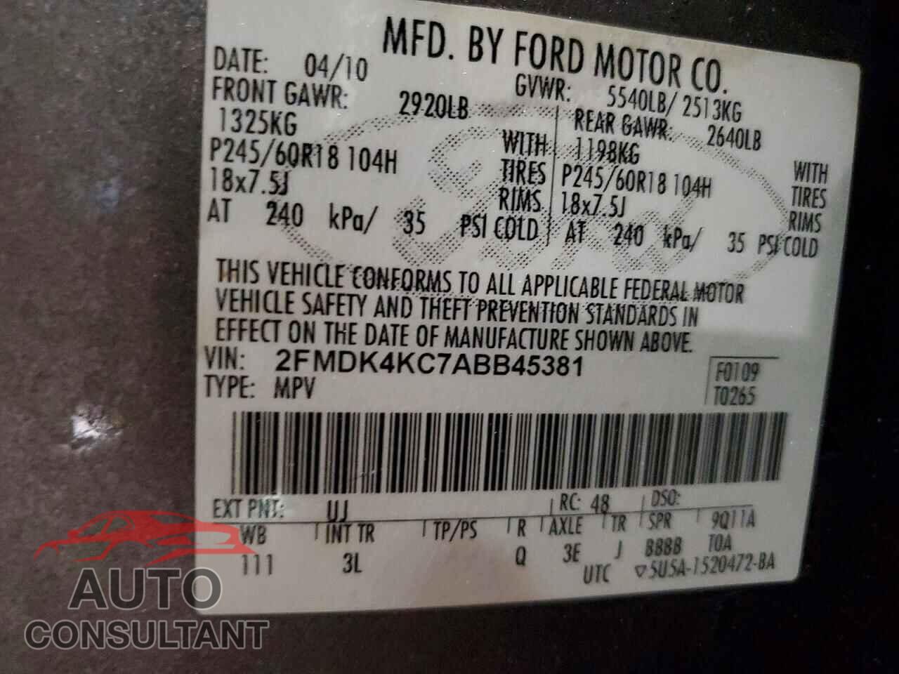FORD EDGE 2010 - 2FMDK4KC7ABB45381