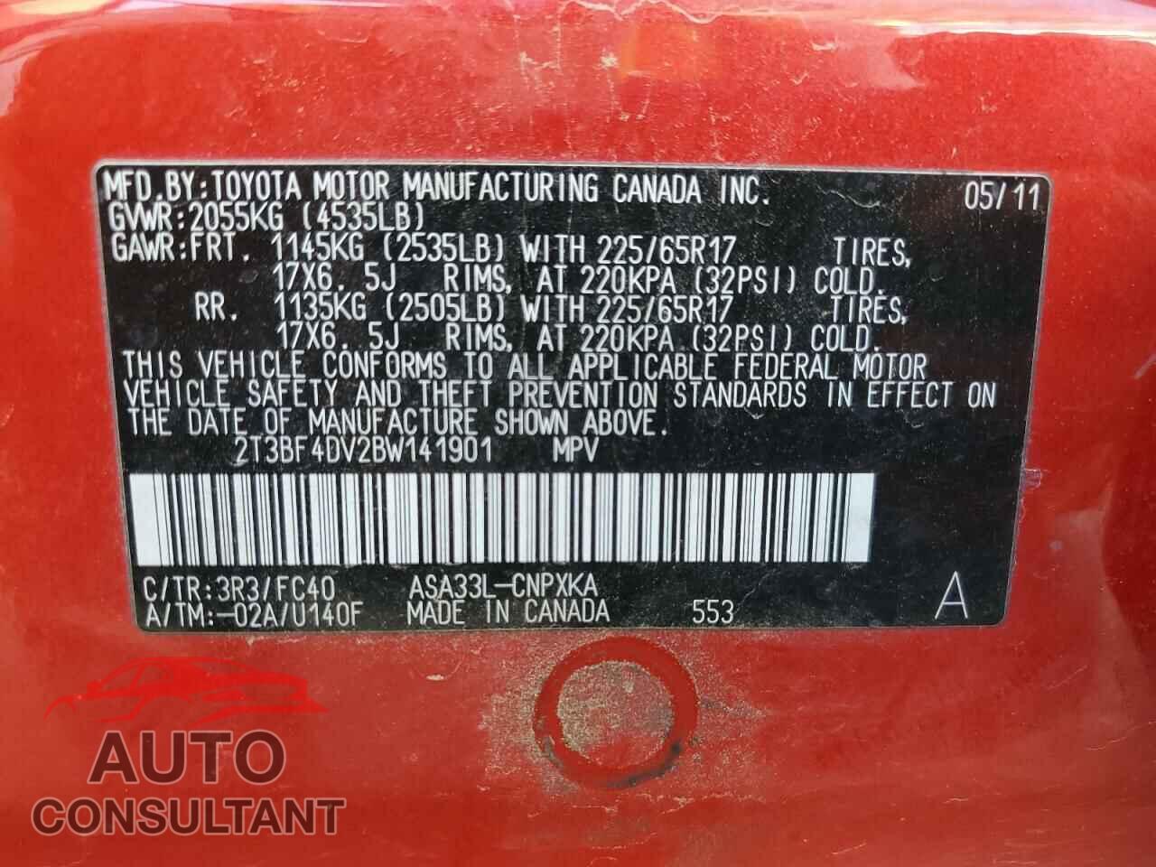 TOYOTA RAV4 2011 - 2T3BF4DV2BW141901