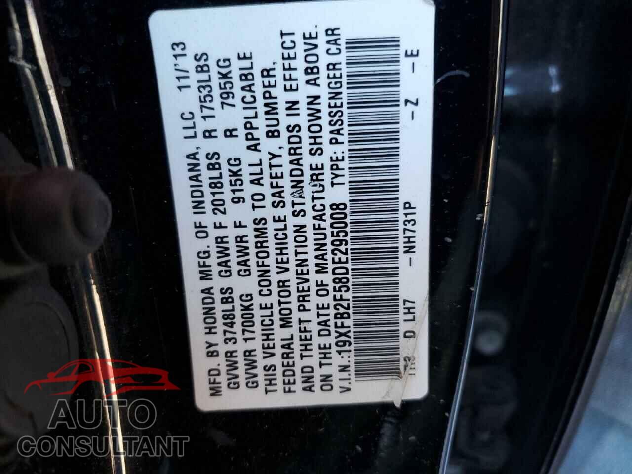 HONDA CIVIC 2013 - 19XFB2F58DE295008