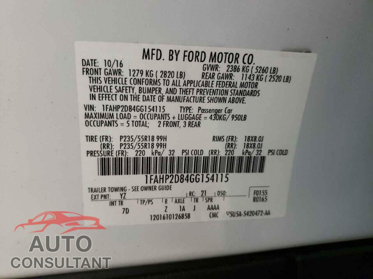 FORD TAURUS 2016 - 1FAHP2D84GG154115