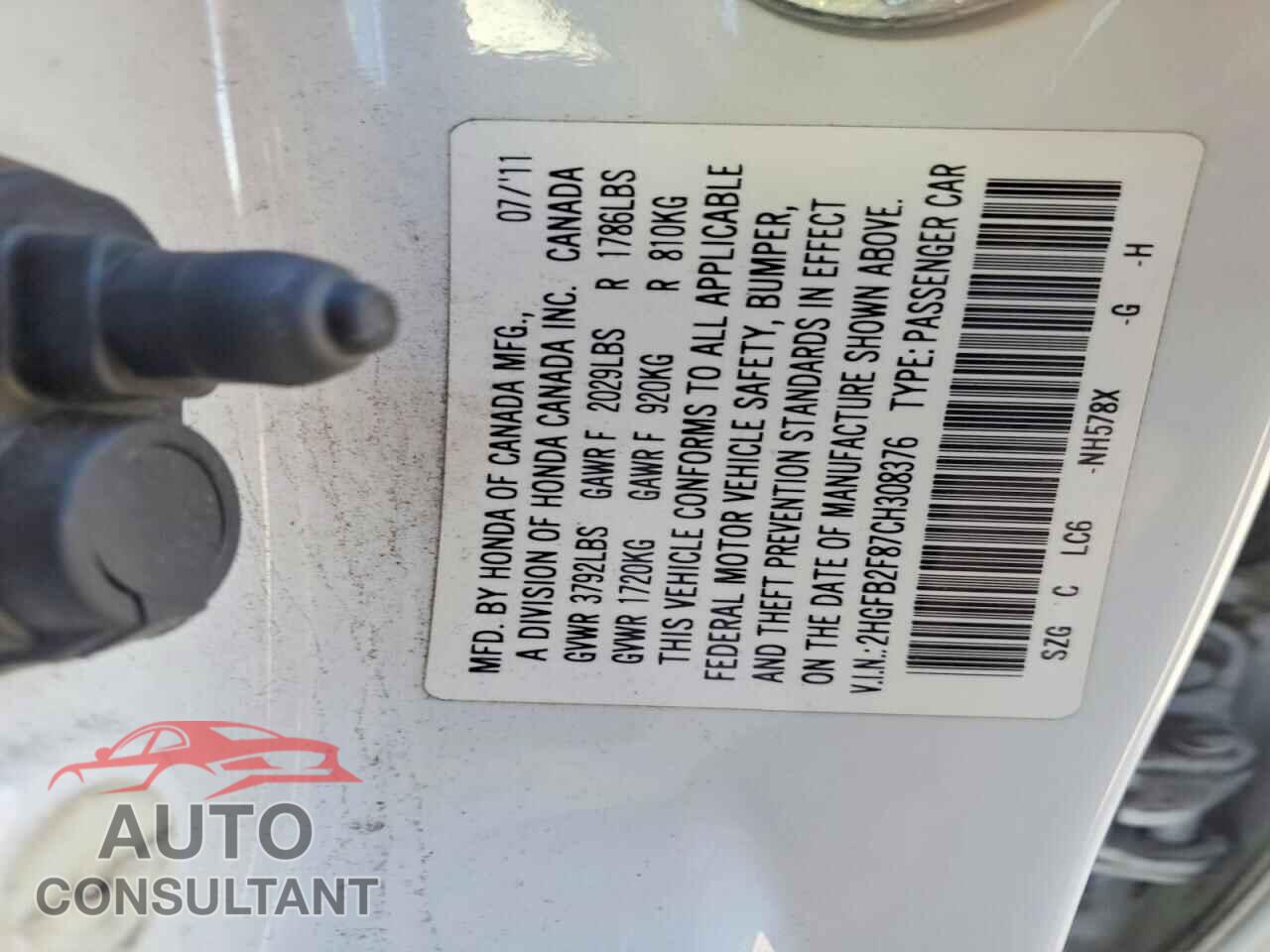 HONDA CIVIC 2012 - 2HGFB2F87CH308376