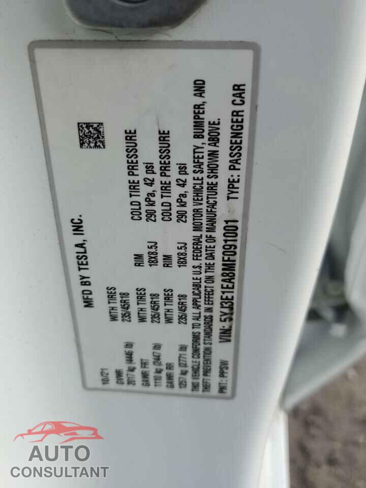 TESLA MODEL 3 2021 - 5YJ3E1EA8MF091001